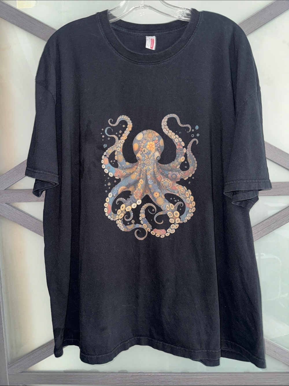 Octopus Graphic T Shirt Black Colorful Boho Ocean Sea Life Art Tee XL